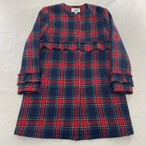 Jack BB Dakota Plaid Tweed Button Up Snap Jacket Fringe Coat Red Blue Womens M